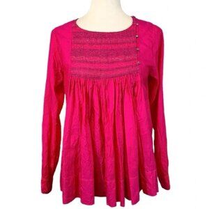 INJIRI Womens S Silk Blouse Button Accent Bright Iridescent Pink Bohemian